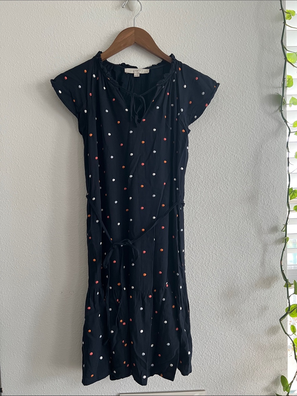 Loft Navy Blue Embroidered Polka-Dot Dress (XXS)